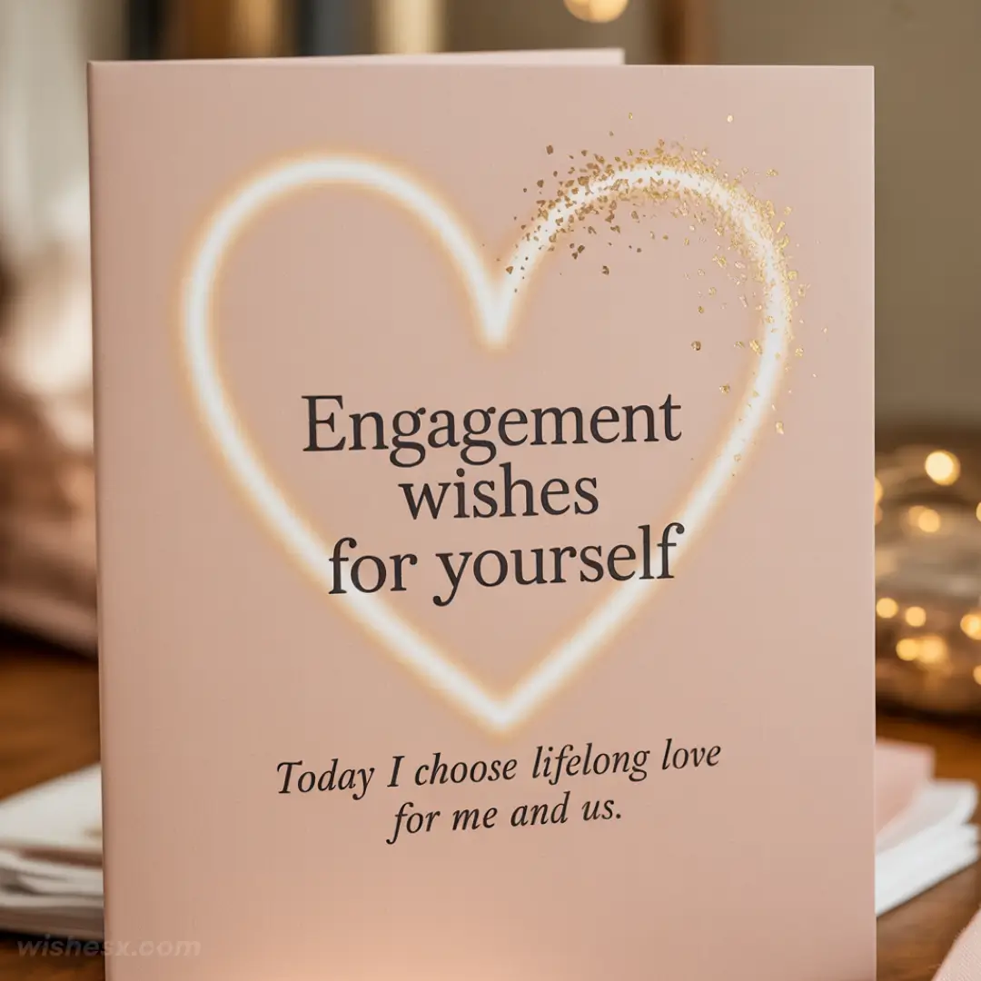 A pink card with a large heart outline and gold sparkles. The text reads, "Engagement wishes for yourself. Today I choose lifelong love for me and us." Romantic tone.