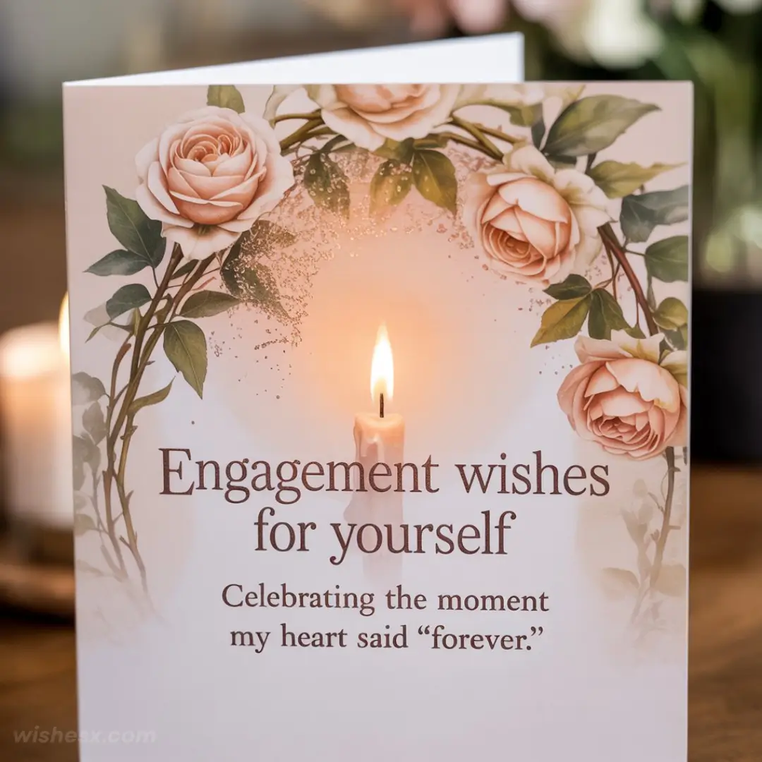 A greeting card with elegant ivory roses and green leaves encircling a glowing candle. Text reads, "Engagement wishes for yourself. Celebrating the moment my heart said 'forever.'"