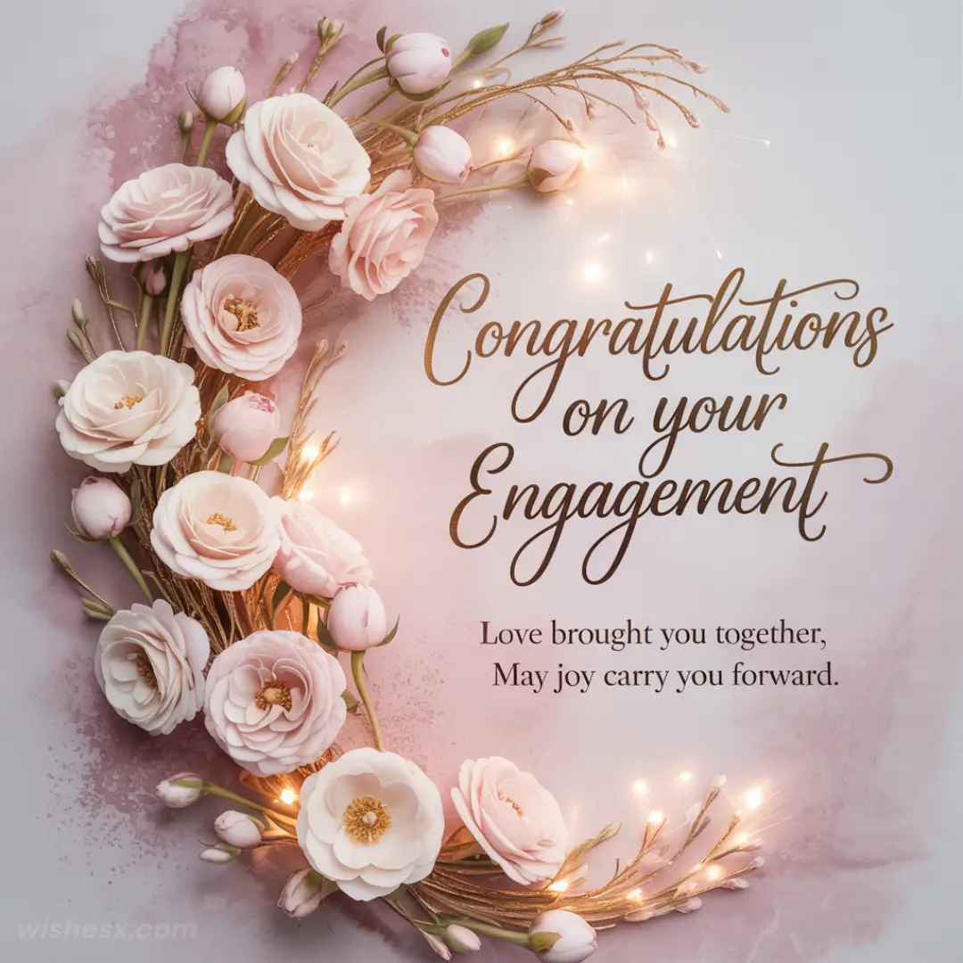 Elegant engagement card featuring pink roses and tulips arranged in a crescent. Warm lights accentuate a congratulatory message in elegant script.