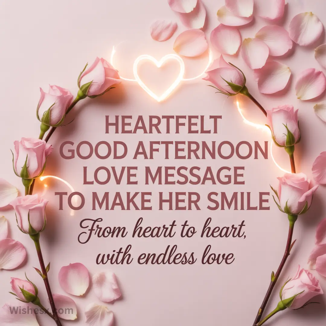 Pink roses and petals frame the message "Heartfelt good afternoon love message to make her smile. From heart to heart, with endless love" on a pastel background.