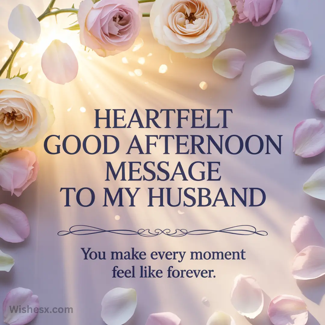 Romantic image with soft pink and cream roses, scattered petals, and sunlight rays. Text reads, "Heartfelt good afternoon message to my husband. You make every moment feel like forever."