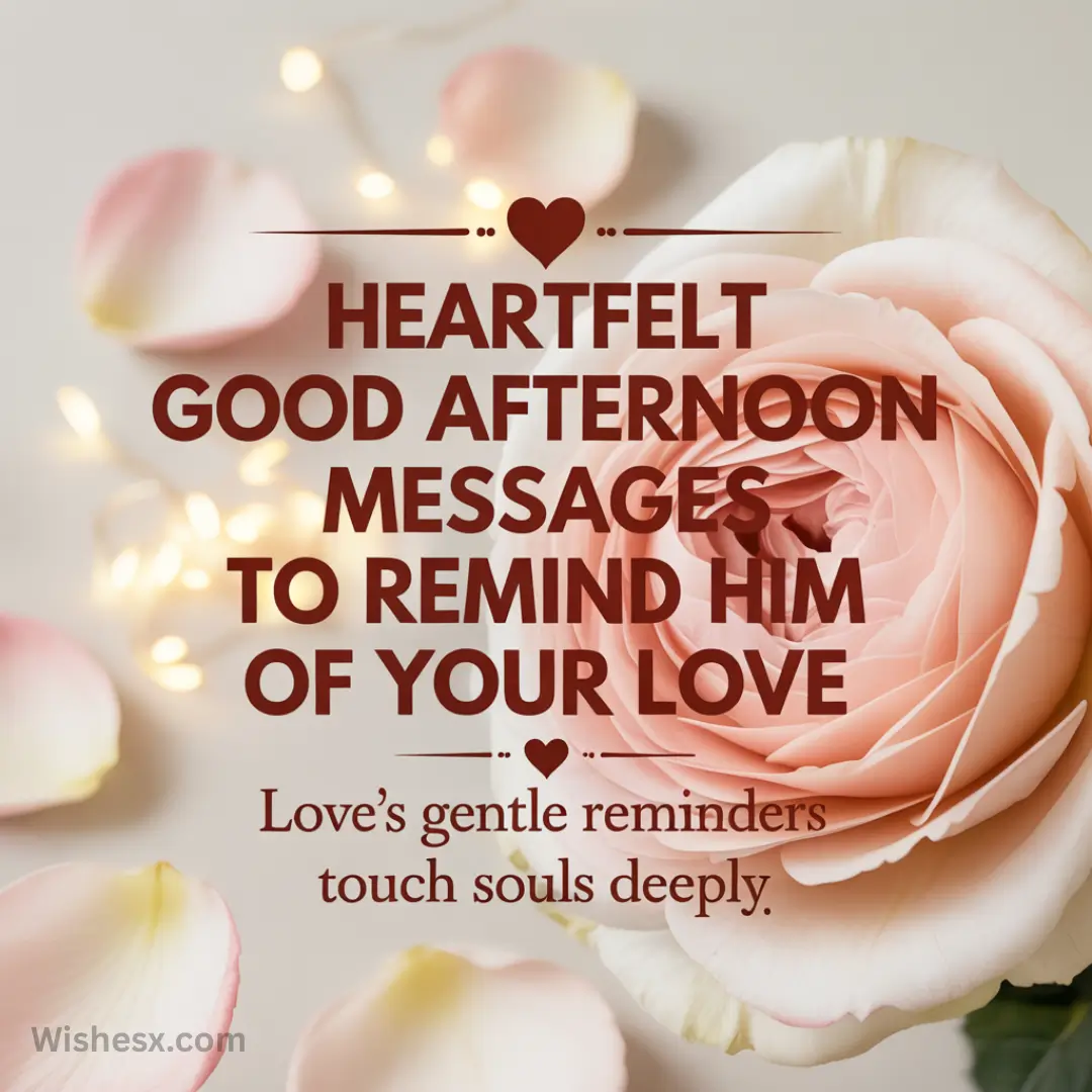A soft pink rose with delicate petals on a light background. Text overlays read "Heartfelt Good Afternoon Messages to Remind Him of Your Love." Warm, romantic tone.