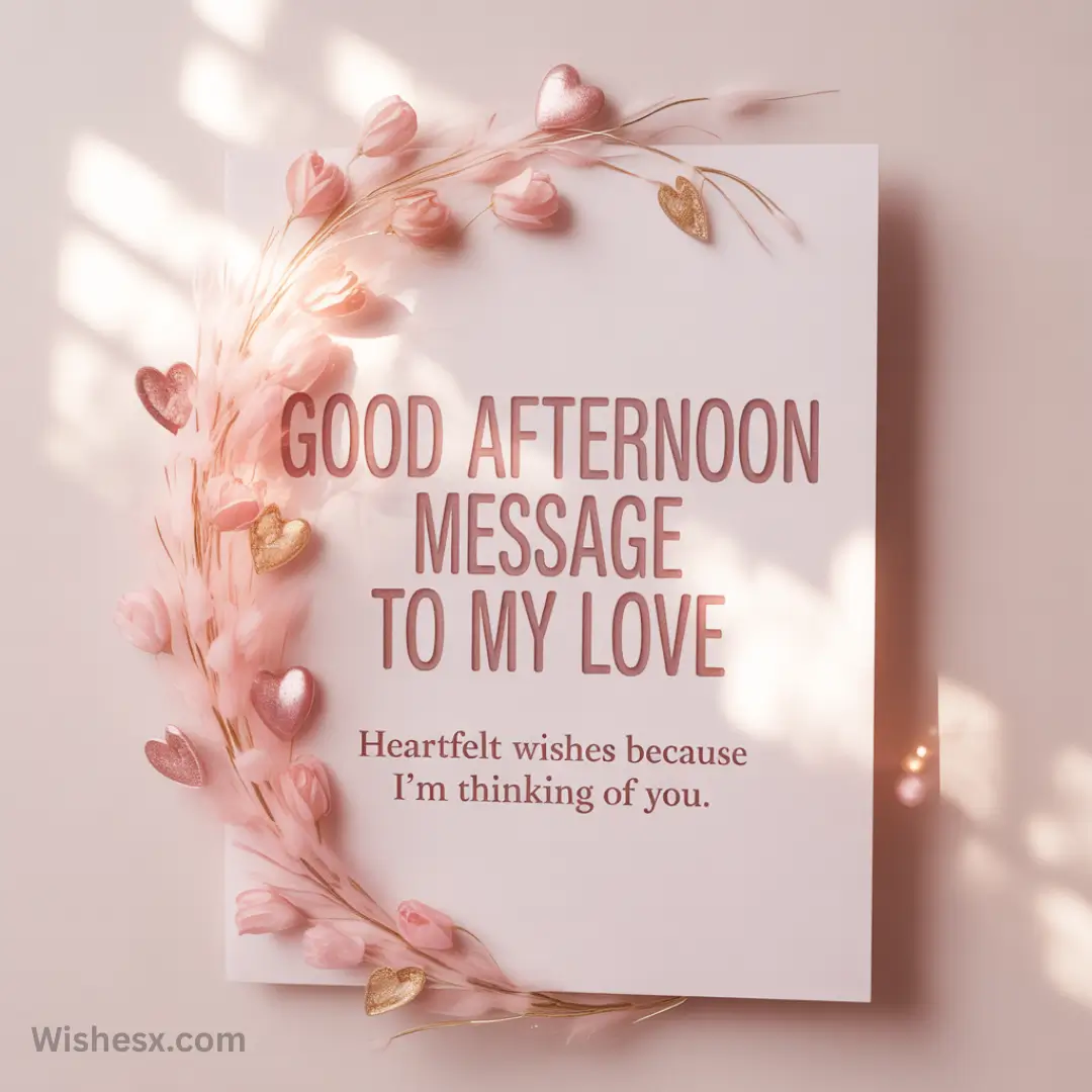 A white card with pink text reading "Good afternoon message to my love." Adorned with pink tulips and hearts, it conveys romance and affection.