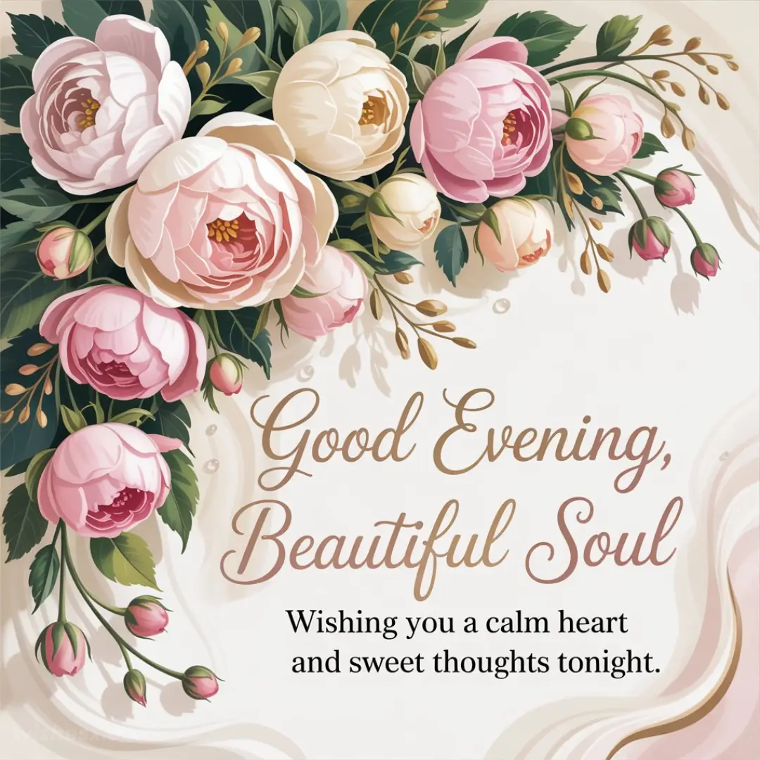A bouquet of pink and cream peonies with green leaves decorates the top left. Text reads, "Good Evening, Beautiful Soul. Wishing you a calm heart and sweet thoughts tonight."
