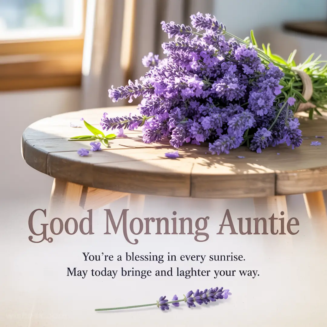 A rustic wooden table holds a fresh lavender bouquet in sunlight. Below, text reads, "Good Morning Auntie. You’re a blessing in every sunrise." Peaceful and warm.