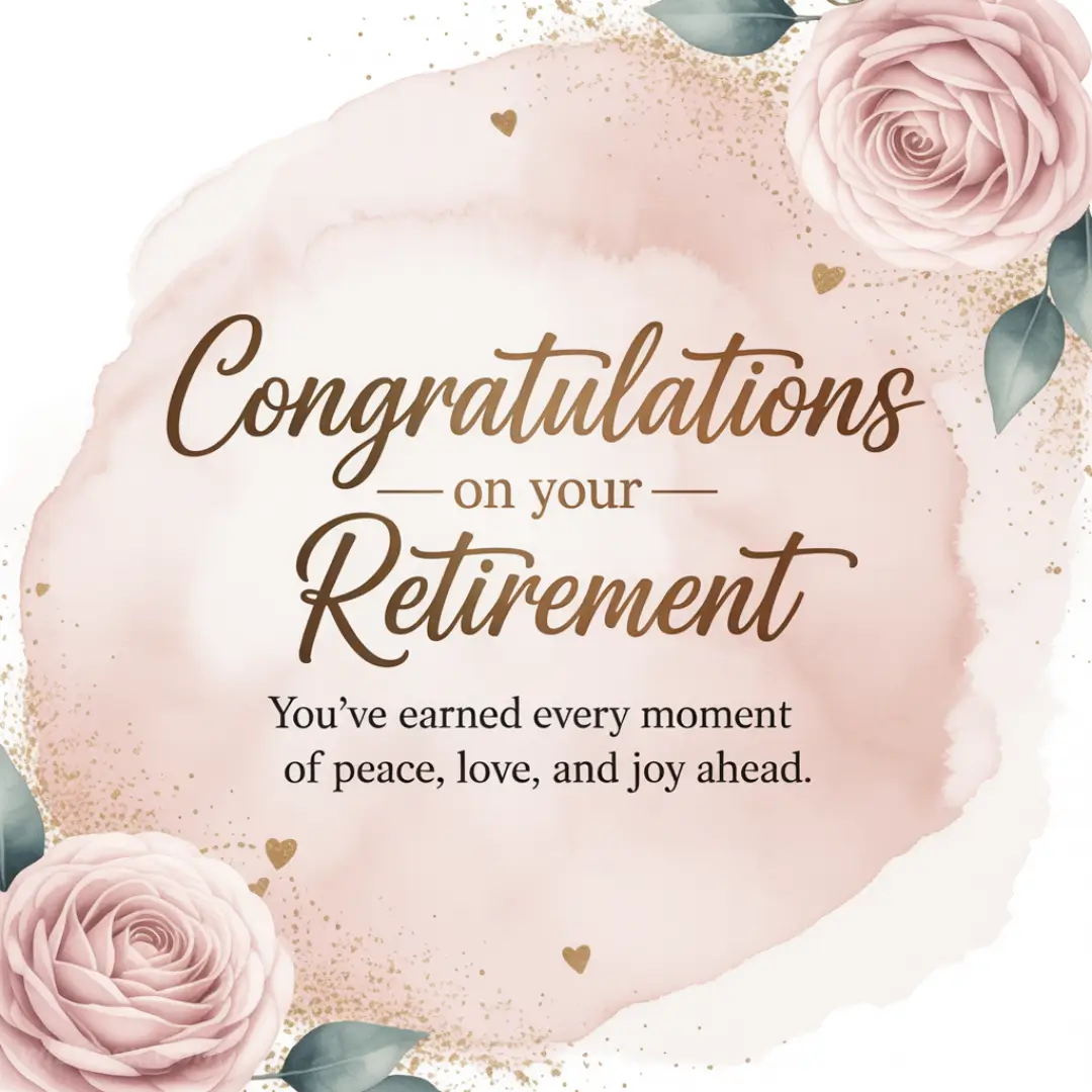 Elegant retirement card with pink roses and gold speckles, featuring the text "Congratulations on your Retirement. You’ve earned every moment of peace, love, and joy ahead."