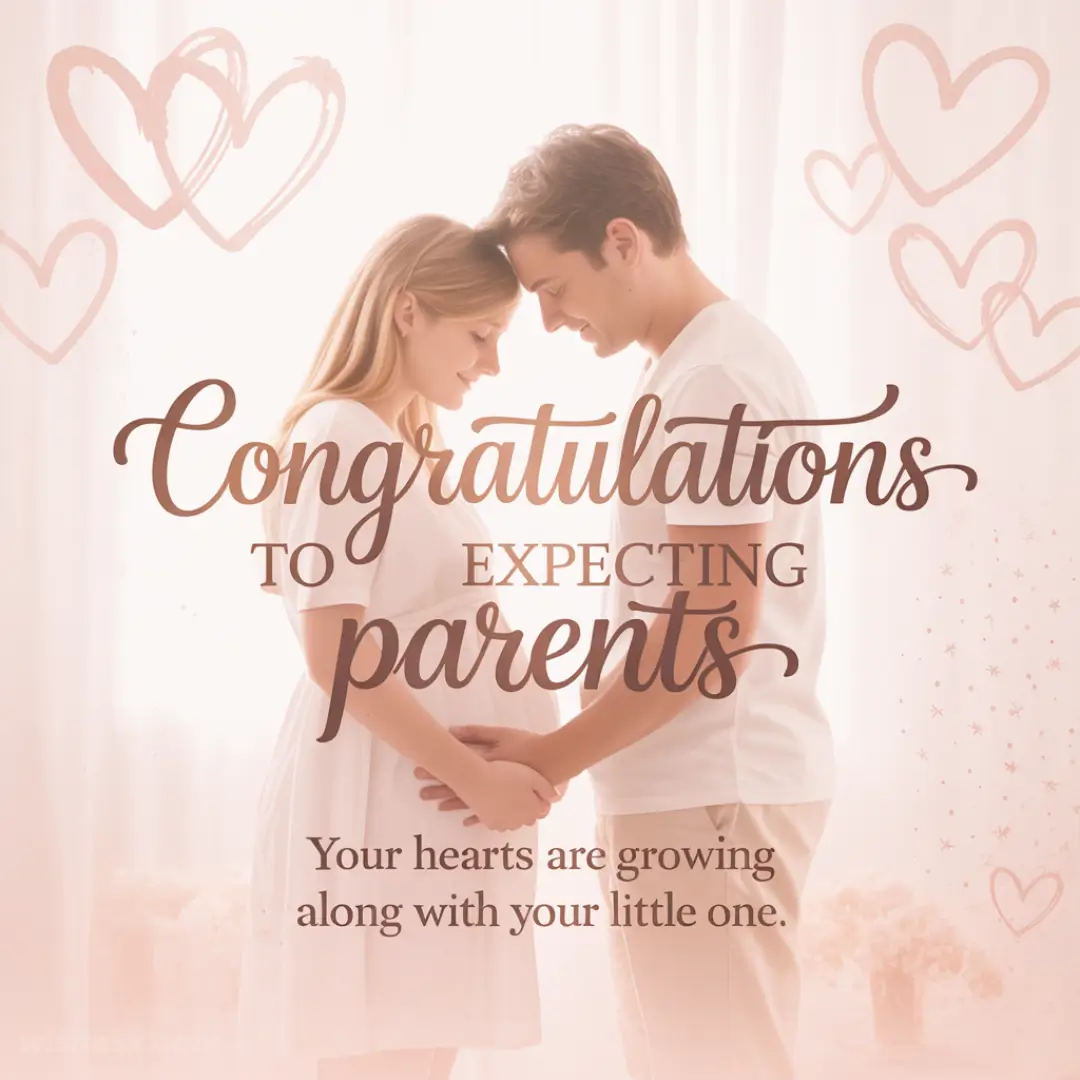 A loving couple touches foreheads, hands on a baby bump, surrounded by hearts. Text reads, "Congratulations to expecting parents. Your hearts are growing along with your little one."