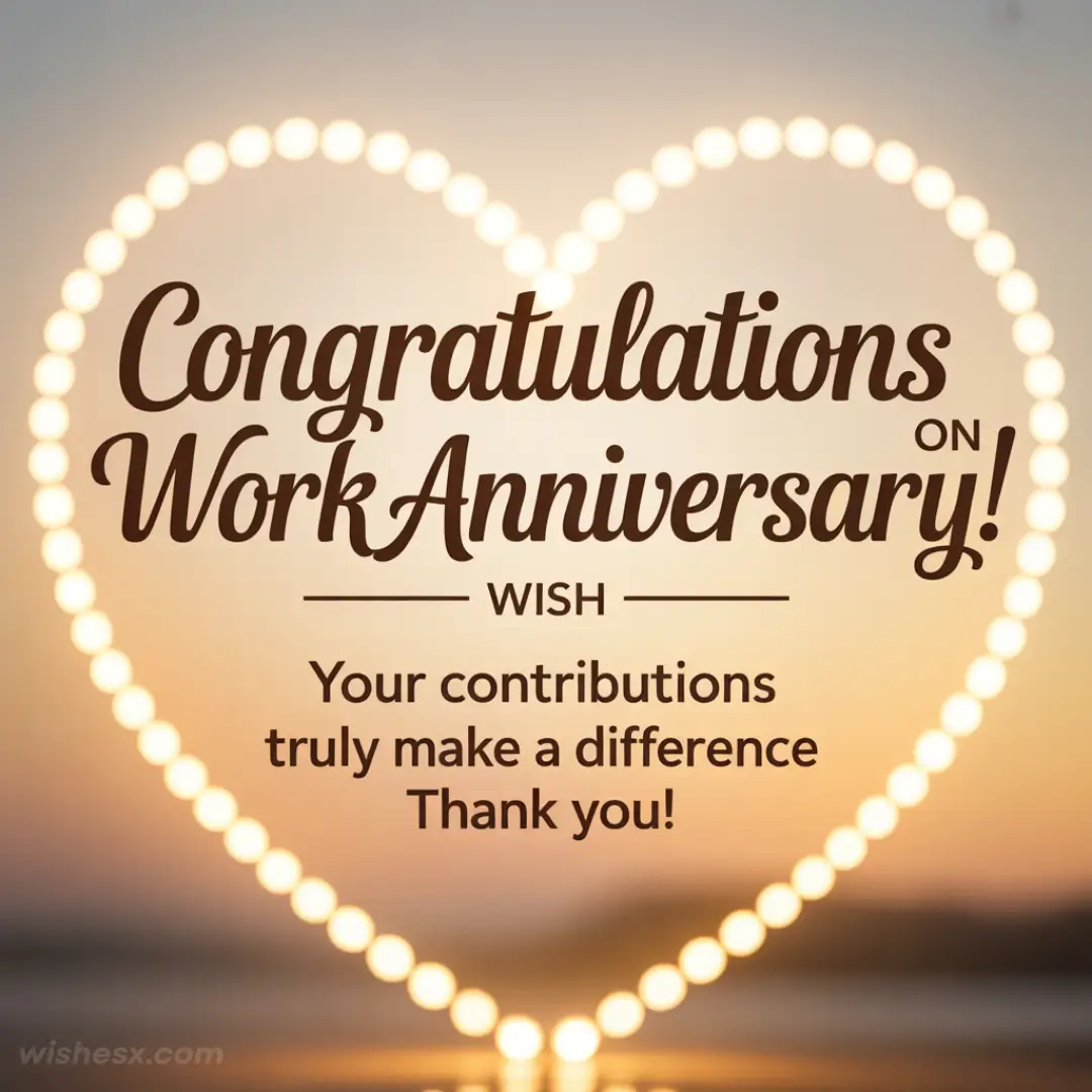 Heart-shaped lights frame the text: "Congratulations on Work Anniversary! Your contributions truly make a difference. Thank you!" Over a soft sunset background.