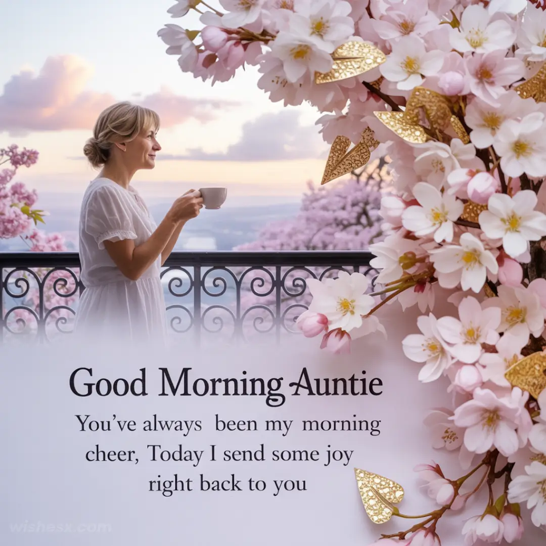 A woman in a white dress holds a coffee cup on a balcony adorned with cherry blossoms. Pastel sunrise tones create a peaceful, joyful atmosphere. Text reads, "Good Morning Auntie. You’ve always been my morning cheer; today I send some joy right back to you."