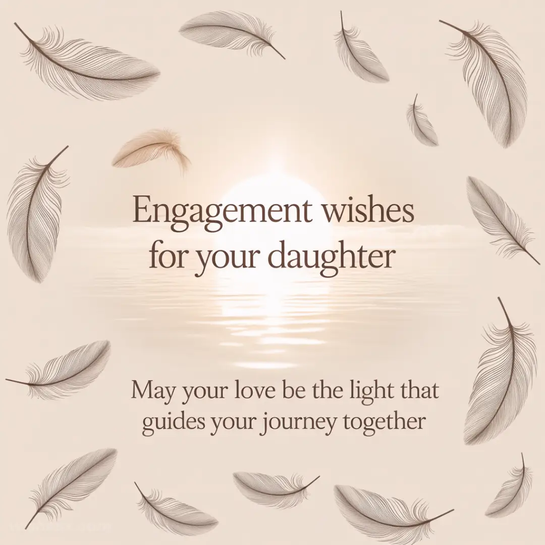 Beige card with "Engagement wishes for your daughter" text, surrounded by soft, floating feathers. A sunlit horizon reflects on water, conveying warmth and tranquility.