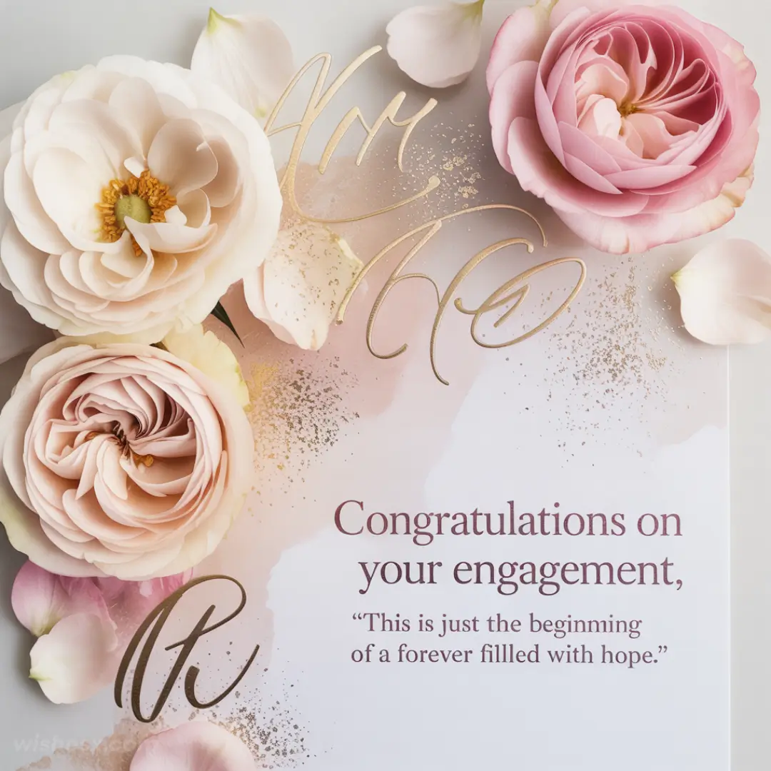 A floral engagement card with elegant script and gold embellishments features pink and cream roses. Text reads, "Congratulations on your engagement."