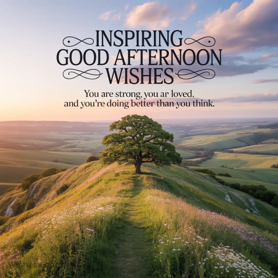 A solitary tree on a grassy hill at sunset, with countryside views. Text reads, "Inspiring Good Afternoon Wishes: You are strong, you are loved."