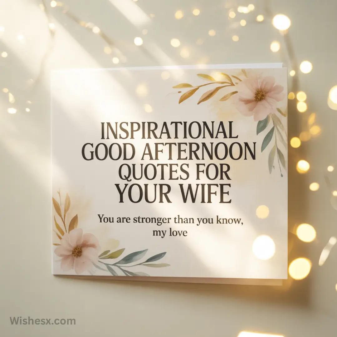 Decorative card with soft floral accents and gentle light flares reads, "Inspirational Good Afternoon Quotes for Your Wife. You are stronger than you know, my love."
