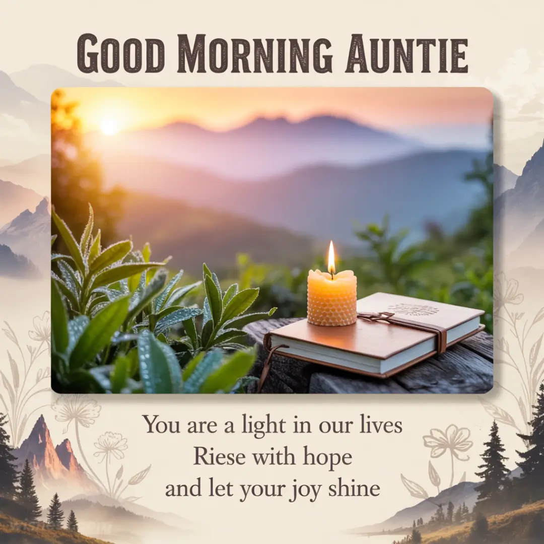 Sunrise over mountains with a glowing candle on a journal surrounded by leaves. Text reads "Good Morning Auntie. You are a light in our lives." Uplifting tone.