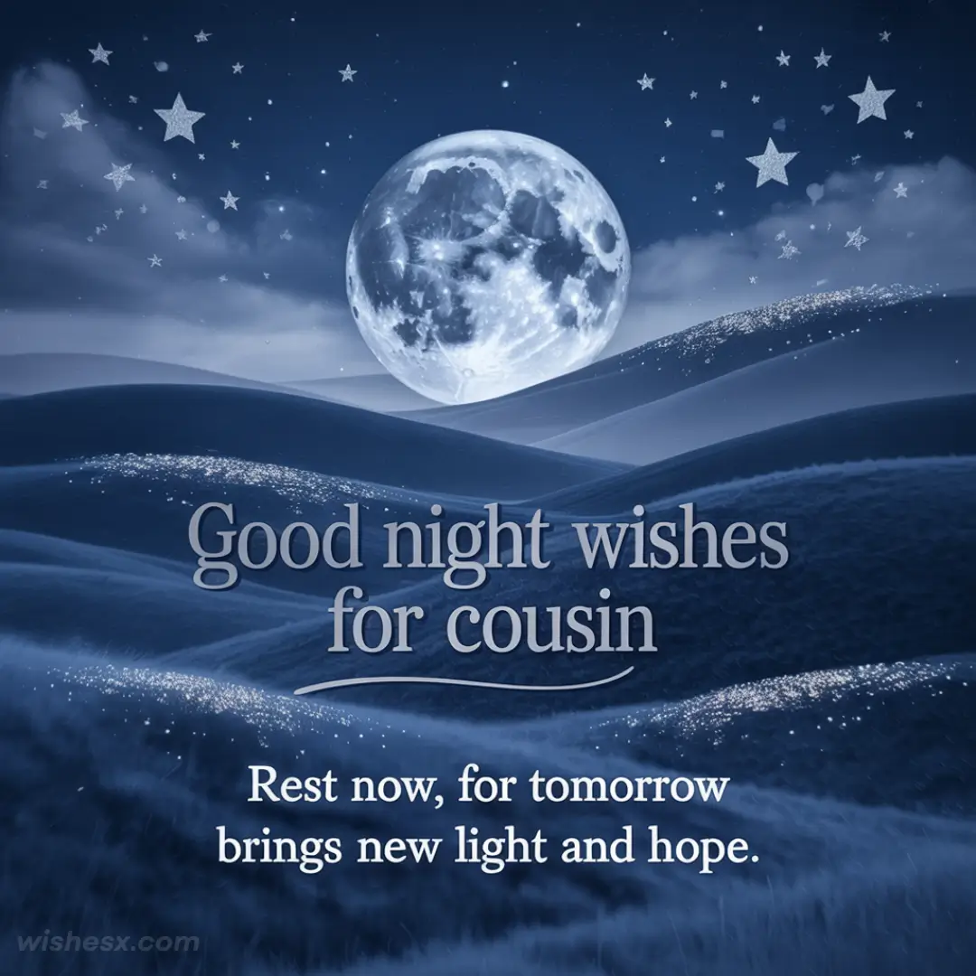 Night scene with a glowing full moon, twinkling stars, and rolling hills. Text reads "Good night wishes for cousin. Rest now, for tomorrow brings new light and hope."