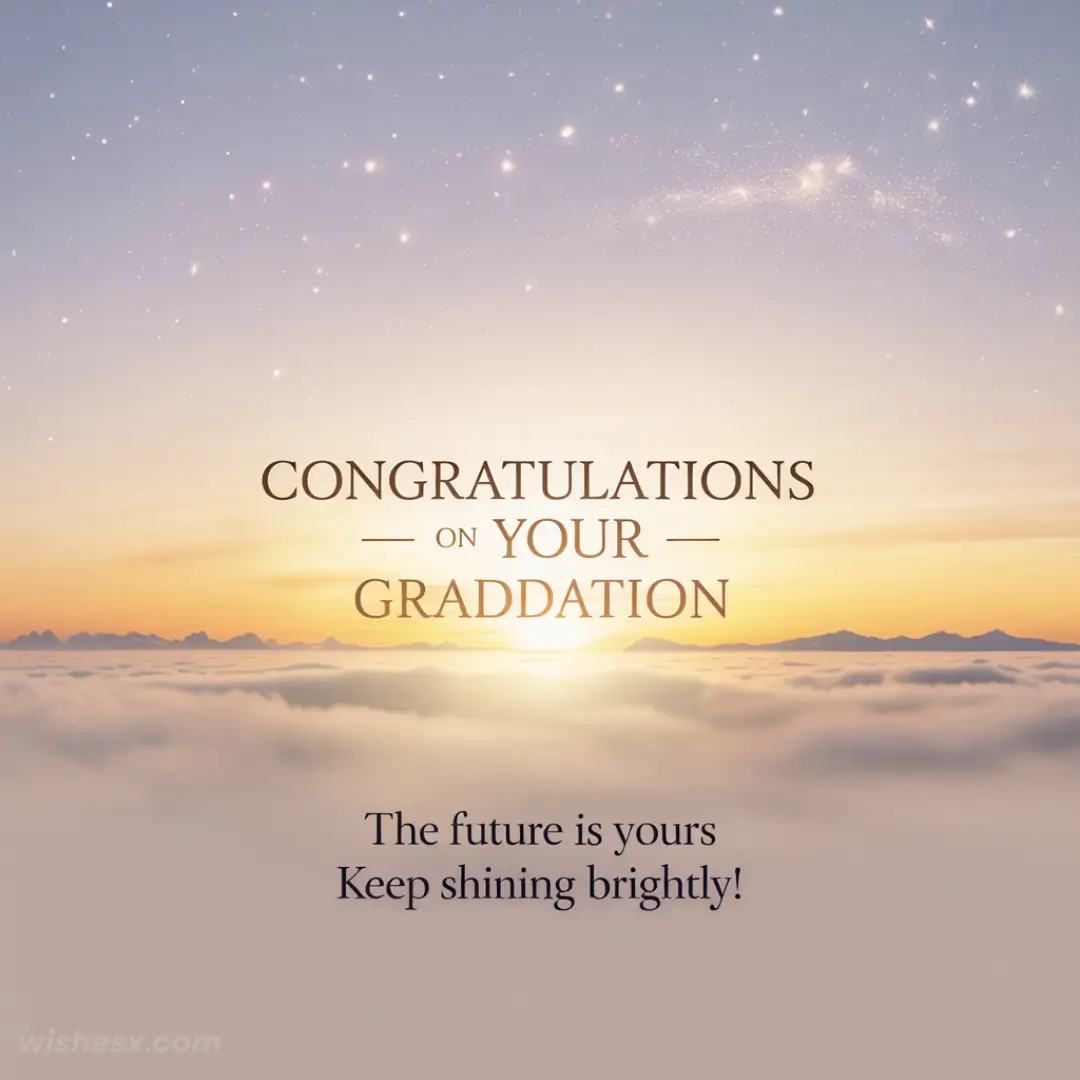 Sunrise over clouds with stars twinkling in the dawn sky. Text reads, "Congratulations on your graduation. The future is yours. Keep shining brightly!"