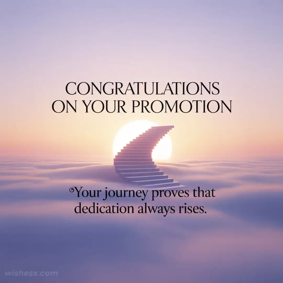 Alt text: "A staircase rises through clouds towards a glowing sun with the text 'Congratulations on your promotion. Your journey proves that dedication always rises.' The scene conveys achievement and hope."