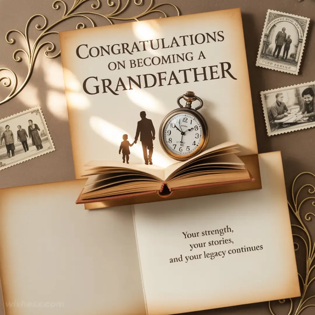 A congratulatory card for becoming a grandfather, featuring a silhouette of a man and child, a vintage pocket watch, an open book, and nostalgic photos. The tone is warm and celebratory.