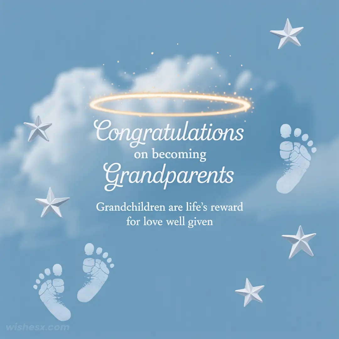 Congratulations card with text on a soft blue sky background with clouds. A glowing halo and baby footprints convey warmth and joy. Stars add a whimsical touch.