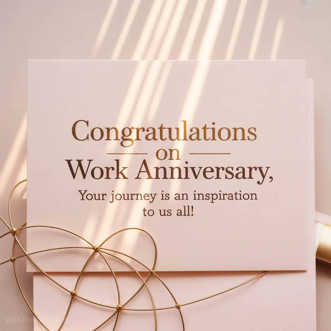 A pink card with gold lettering reads, "Congratulations on Work Anniversary, Your journey is an inspiration to us all!" Elegant design, warm tone.