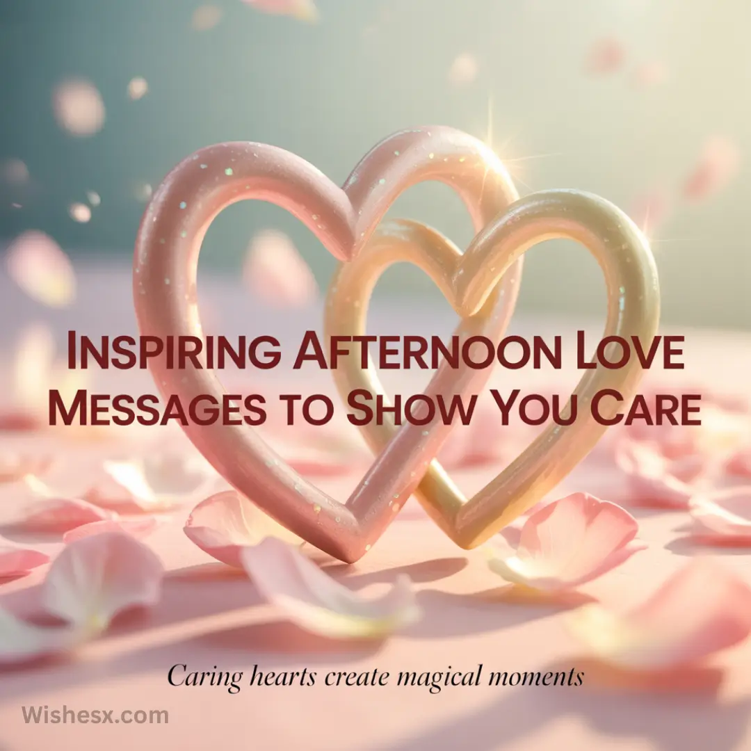 Two intertwined hearts amidst scattered pink petals with sunlight, conveying a loving and magical mood. Text: "Inspiring Afternoon Love Messages to Show You Care."