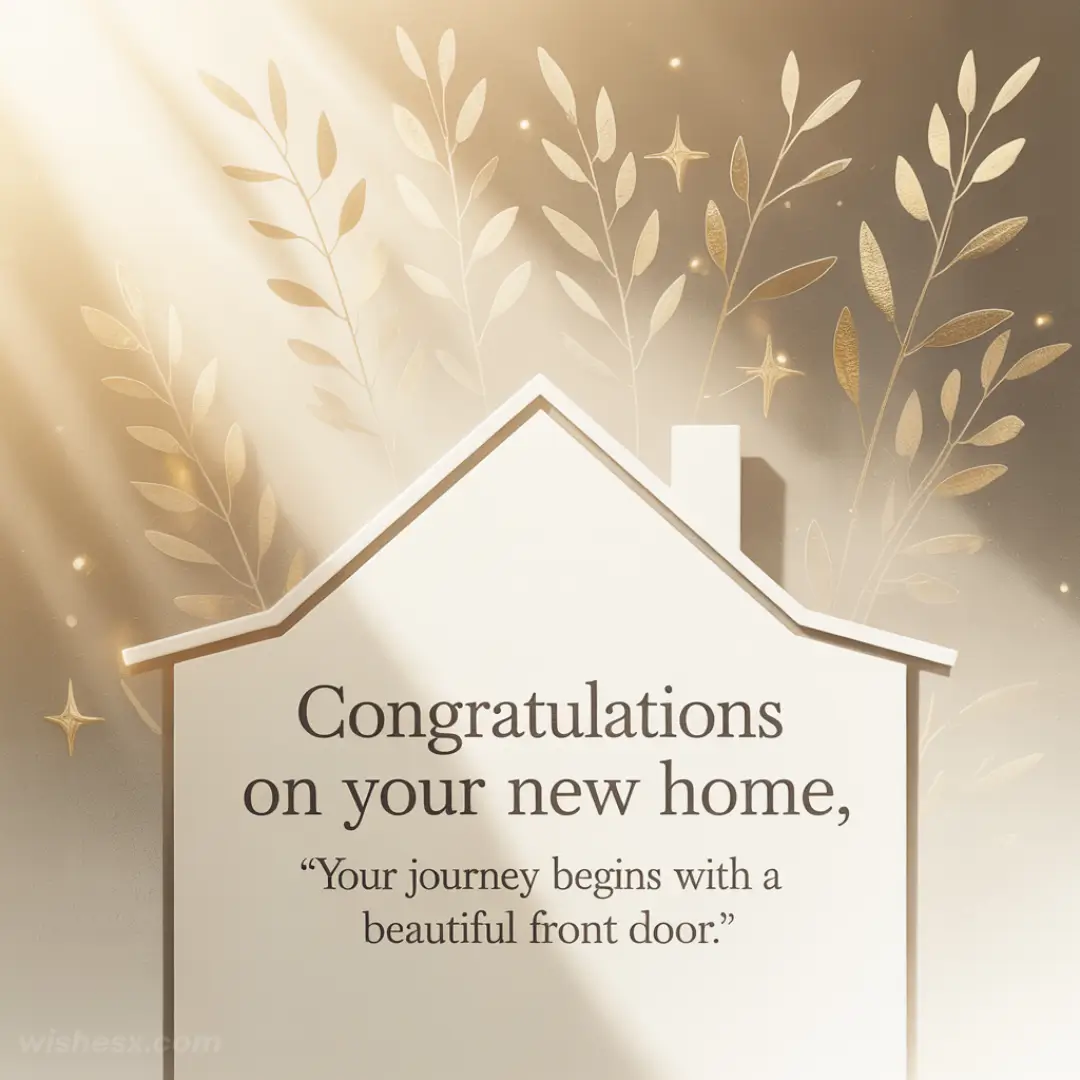 Gold leaves and stars surround silhouette of a house. Text reads, "Congratulations on your new home, your journey begins with a beautiful front door."