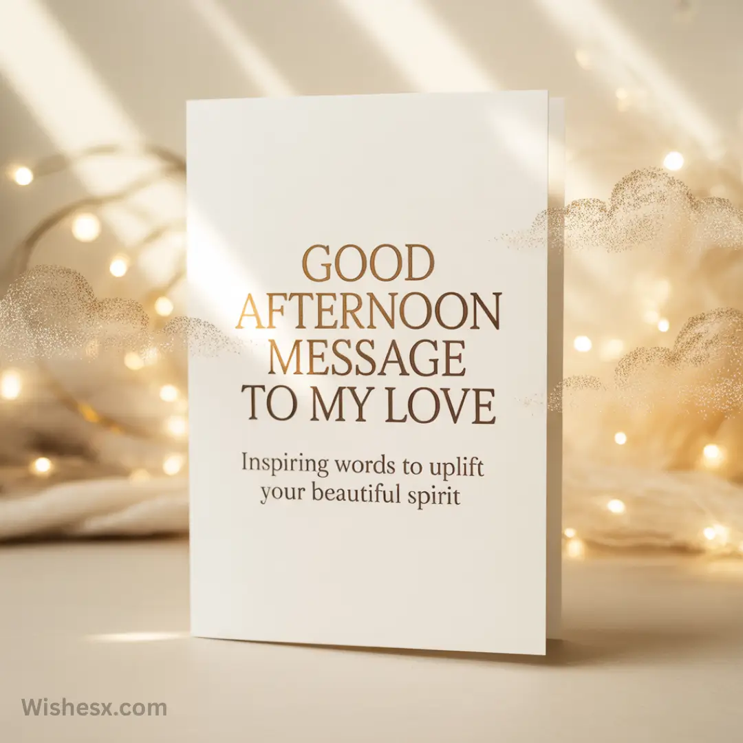 Greeting card reading "Good Afternoon Message to My Love" stands against a soft, glowing backdrop with warm bokeh lights, creating a romantic atmosphere.