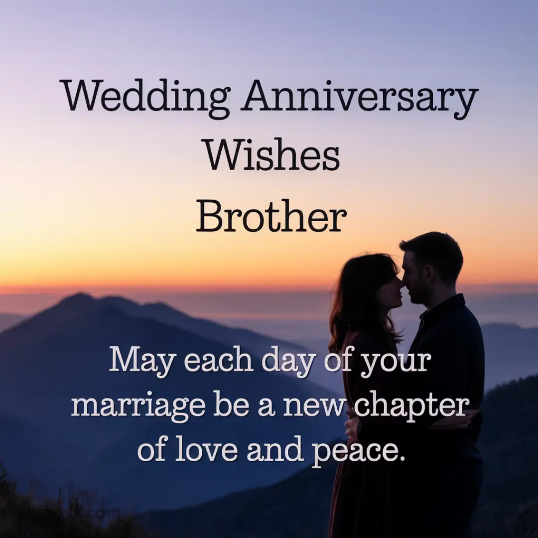 Silhouette of a couple embracing against a mountain sunset. Text reads "Wedding Anniversary Wishes Brother. May each day of your marriage be a new chapter of love and peace."