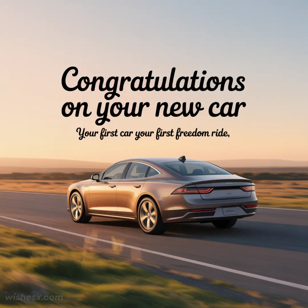 Alt text: "A sleek car drives on an open road at sunset, with text 'Congratulations on your new car. Your first car, your first freedom ride.' The scene evokes a sense of freedom and new beginnings."