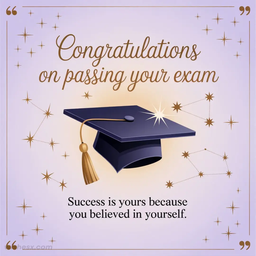 Congratulations card with a graduation cap and tassel against a starry lavender background. Text reads, "Congratulations on passing your exam. Success is yours because you believed in yourself."