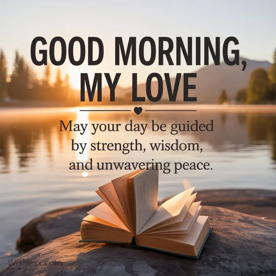Open book on a lakeside rock at sunrise with calm water and trees in the background. Text says, "Good morning, my love. May your day be guided by strength, wisdom, and unwavering peace."