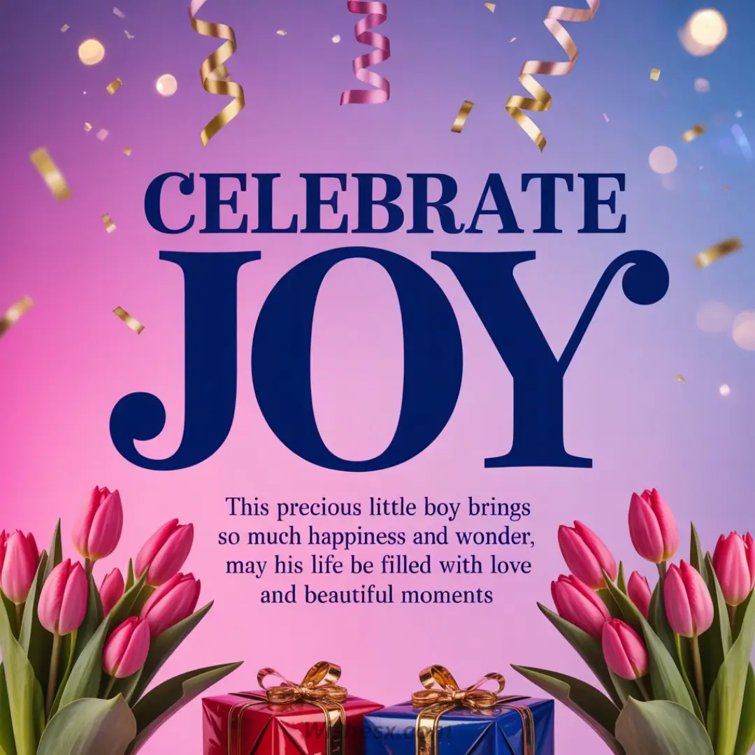 Colorful celebration card with "Celebrate Joy" in bold blue text. Pink tulips and gold ribbon gifts create a joyful and festive atmosphere.