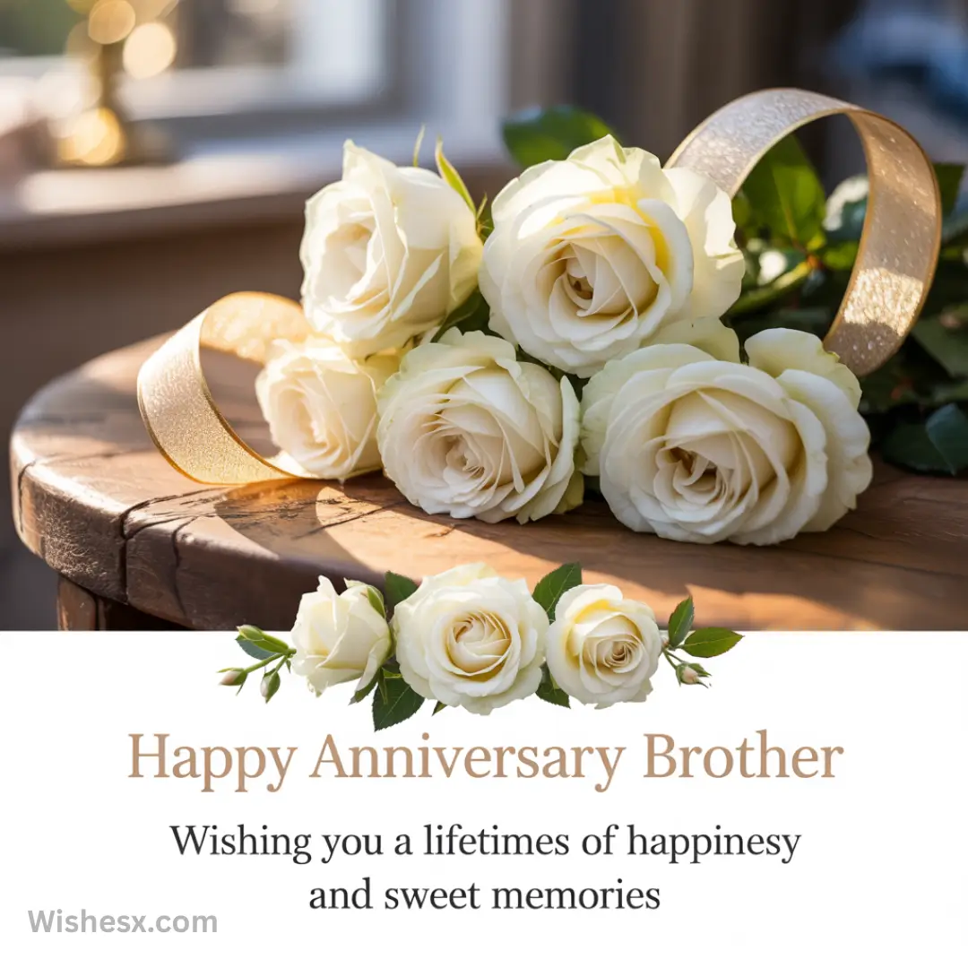 White roses arranged with a gold ribbon on a wooden table, sunlight filtering in. Text reads, "Happy Anniversary Brother, wishing you a lifetime of happiness and sweet memories."