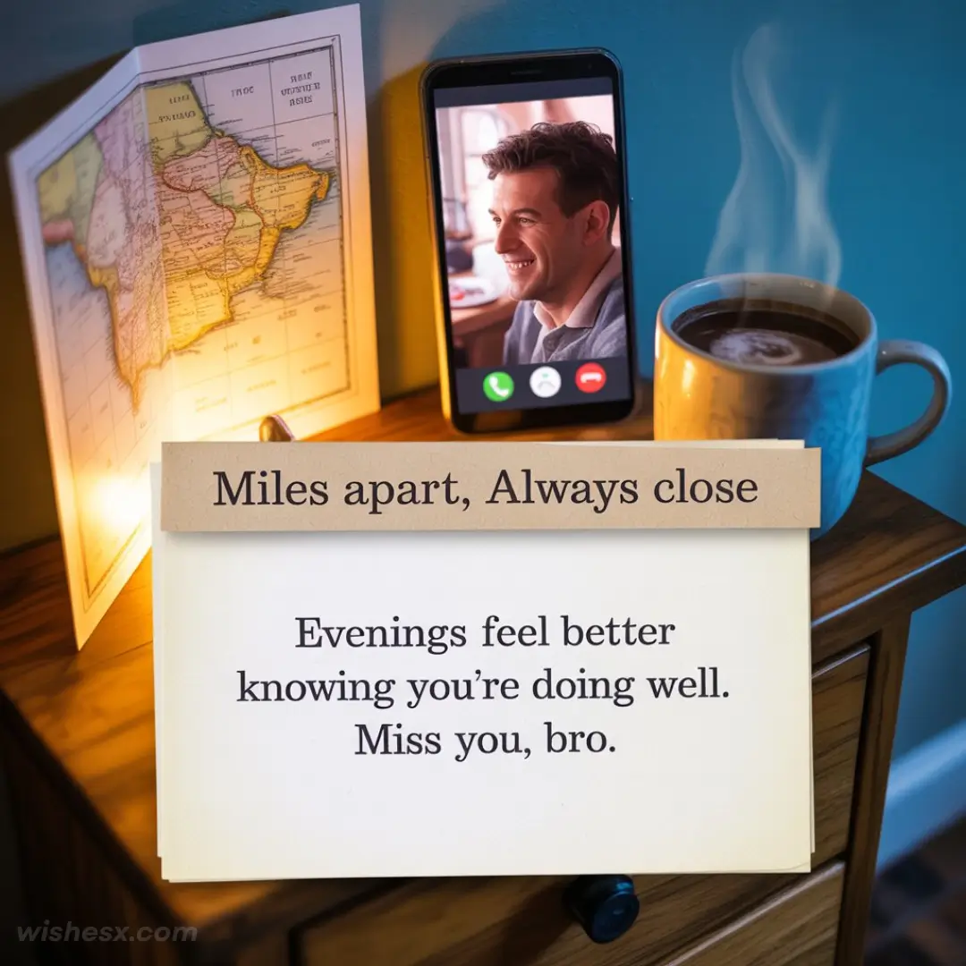 A phone on a nightstand shows a smiling man on a video call. Next to it is a steaming cup of coffee and an illuminated map. Text reads, "Miles apart, Always close. Evenings feel better knowing you’re doing well. Miss you, bro." Warm, nostalgic tone.