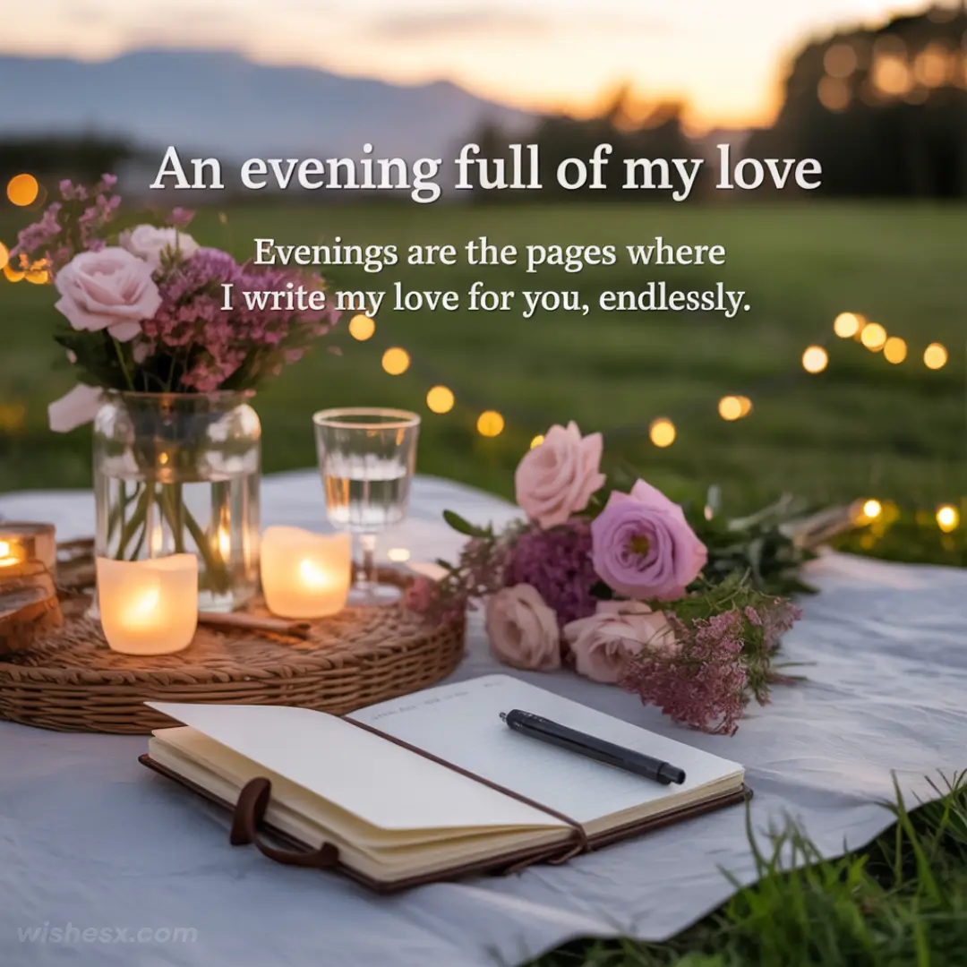 Cozy picnic scene at sunset with a journal, pink flowers, candles, and string lights on a blanket. Text reads love-themed messages. Peaceful and romantic ambiance.