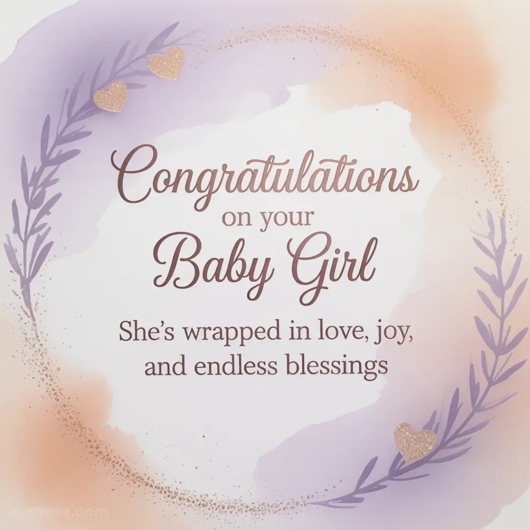 Congratulations card with a message for a baby girl, surrounded by a purple and peach watercolor border with glittery hearts and leaves.