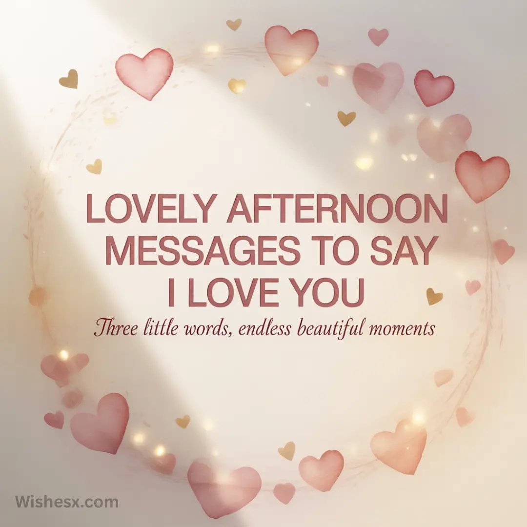 Romantic message reading "Lovely afternoon messages to say I love you. Three little words, endless beautiful moments" with a heart wreath on a soft beige background.