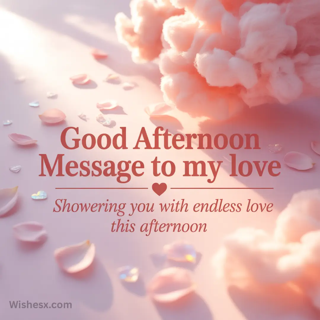 “Good Afternoon Message to my love” text with floating pink petals and fluffy clouds on a soft, warm background. Romantic and dreamy atmosphere.