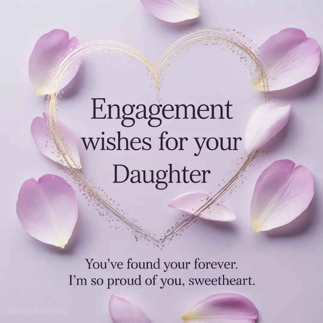 Pink petals form a heart around the text "Engagement wishes for your Daughter." Below, it reads, "You’ve found your forever. I'm so proud of you, sweetheart." The tone is loving and celebratory.