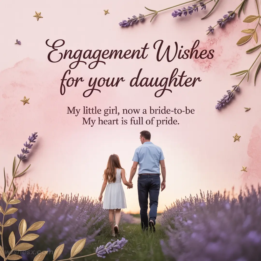 A father and daughter walk hand-in-hand through a lavender field under a pink sky. Text above reads, "Engagement Wishes for your daughter." The scene is warm and sentimental.