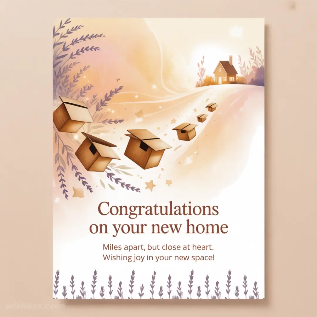 Warm-toned card with floating boxes and lavender sprigs, leading to a cozy home. Text reads, "Congratulations on your new home." Inviting and heartfelt.