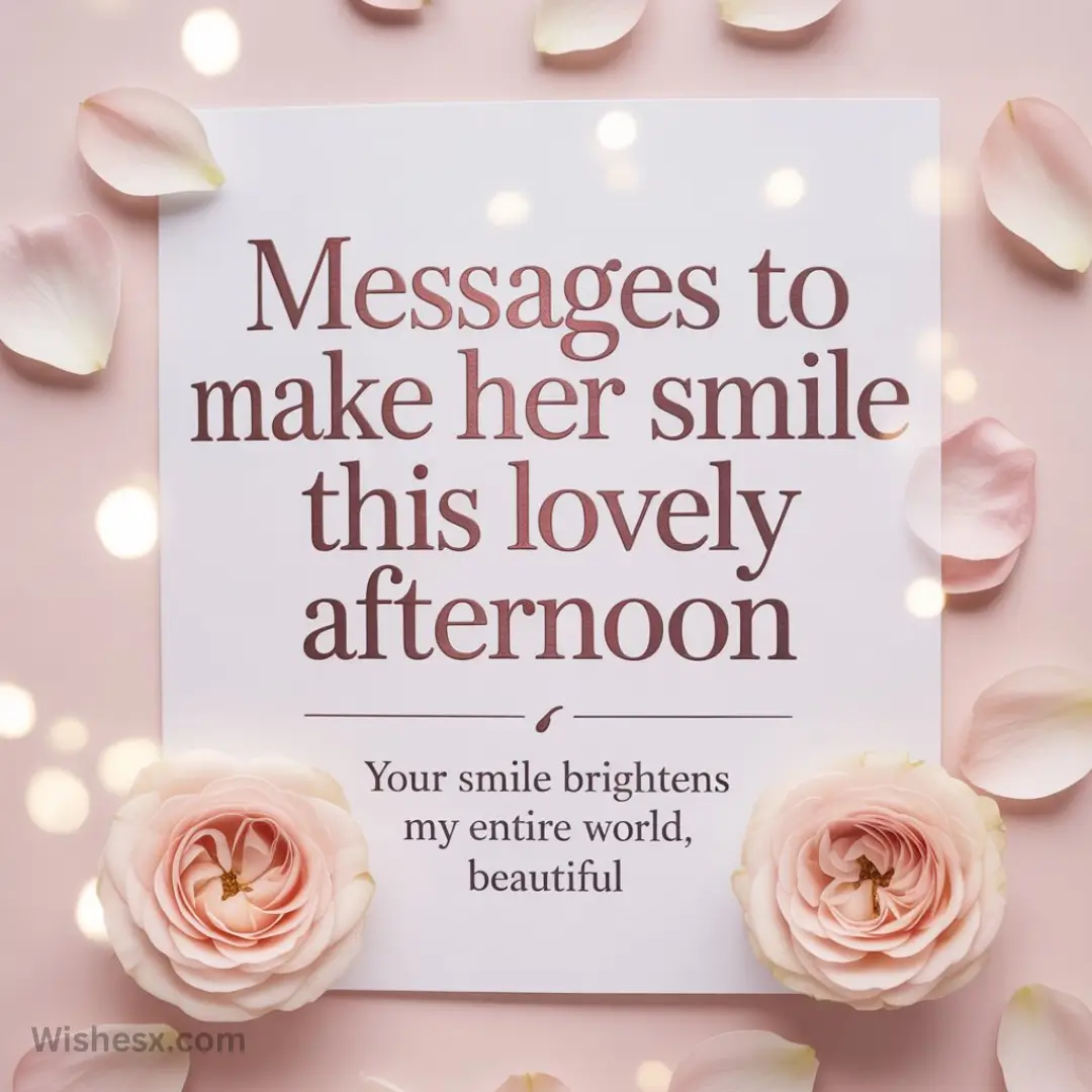 A soft pink background with a card reads, "Messages to make her smile this lovely afternoon. Your smile brightens my entire world, beautiful," surrounded by roses and petals.