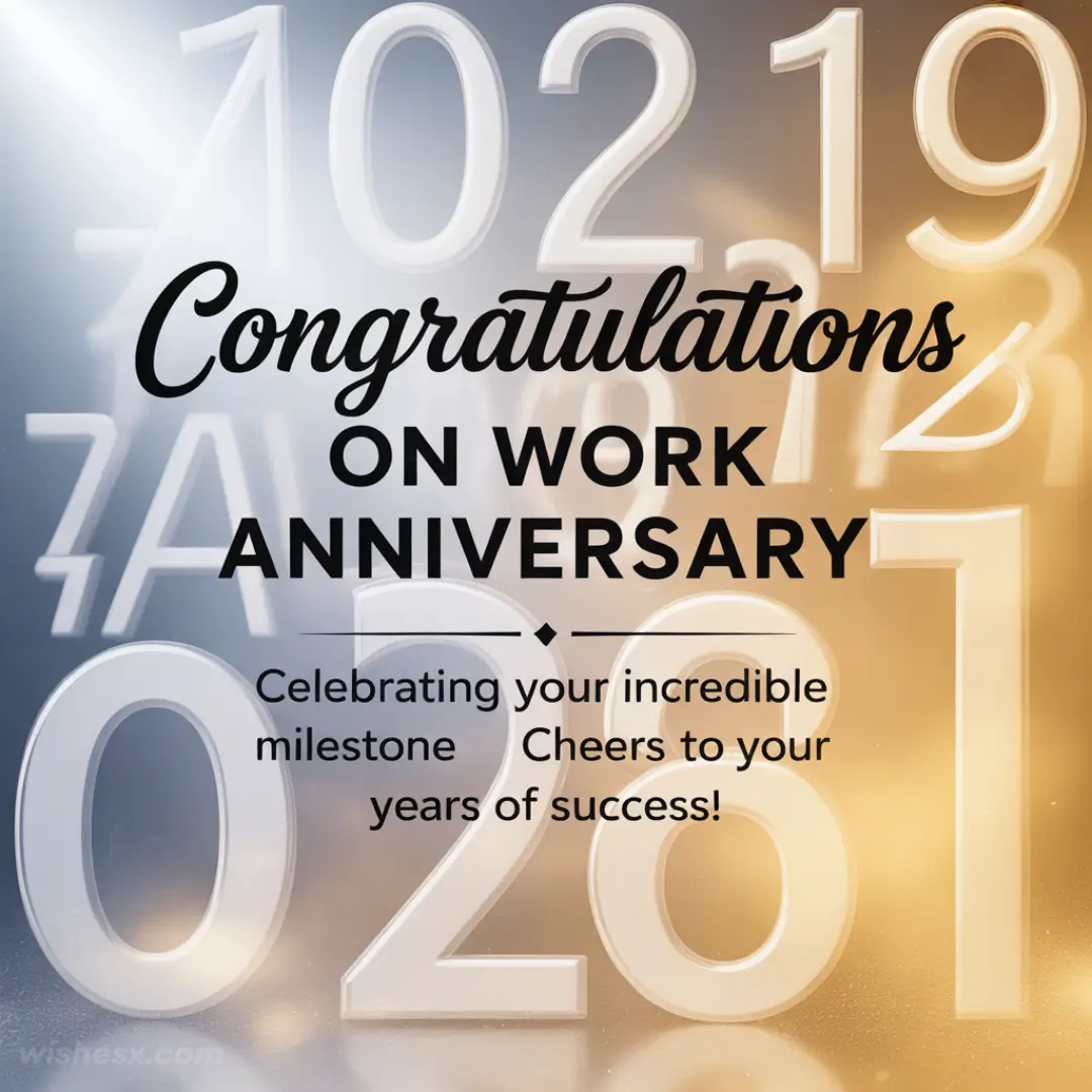Alt text: "Work anniversary card with numbers 2019 to 2026 in background. Bold text reads 'Congratulations on Work Anniversary.' Celebratory tone."