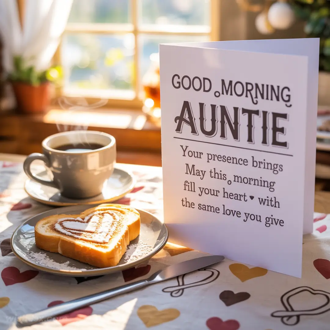 Coffee and heart-shaped toast on a table with a heartfelt card reading "Good Morning Auntie." Sunlight streams through a window, creating a warm, cozy atmosphere.