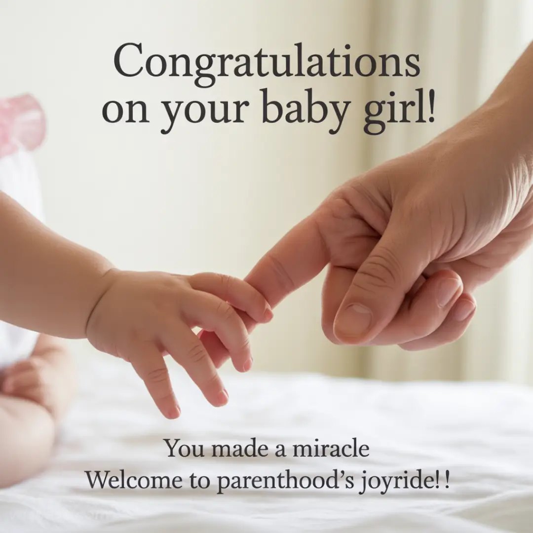 A baby's hand gently grasping an adult's finger on a soft bed, with the text: "Congratulations on your baby girl! Welcome to parenthood's joyride!"