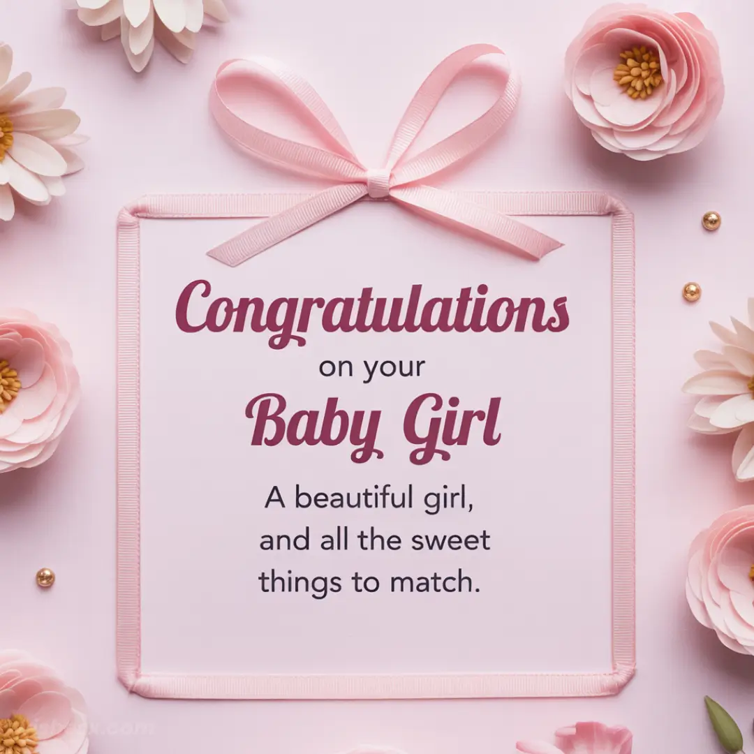 Pink card with "Congratulations on your Baby Girl" text, surrounded by pink and white flowers and a pink ribbon bow, conveying joy and celebration.