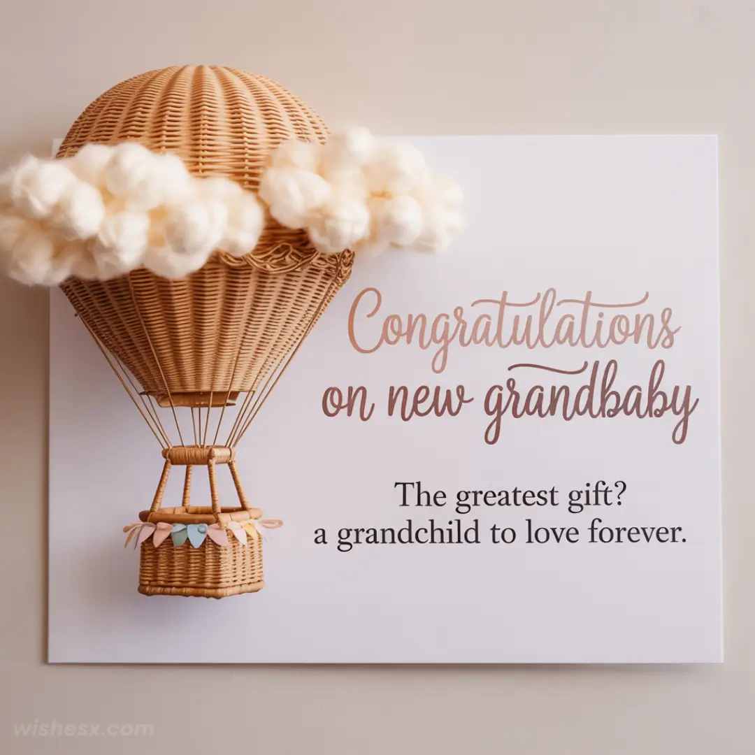A woven hot air balloon with fluffy clouds sits atop a white card reading “Congratulations on new grandbaby. The greatest gift? a grandchild to love forever.”