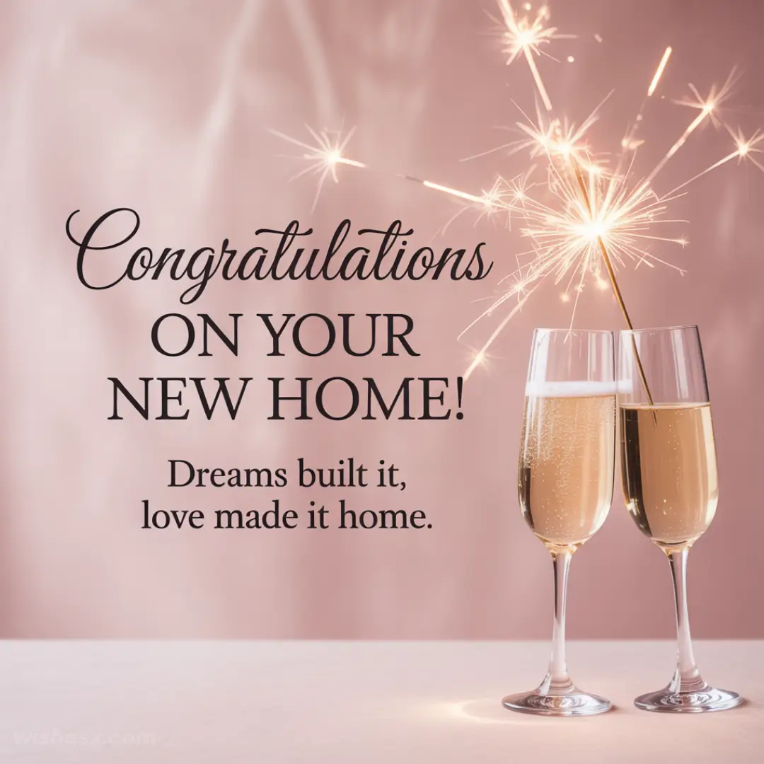 Champagne glasses with a sparkler against a soft pink background. Text reads, "Congratulations on your new home! Dreams built it, love made it home."