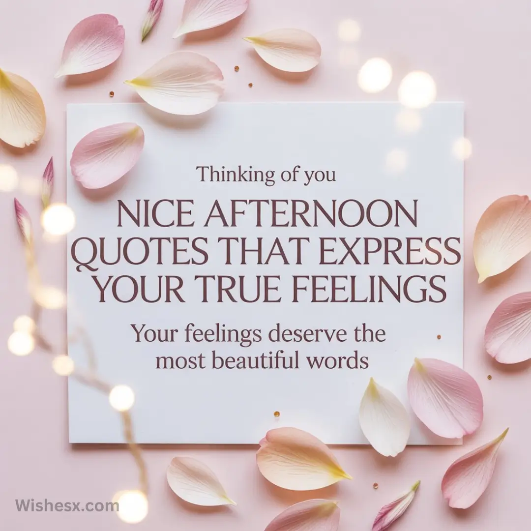White card on a pink background with scattered rose petals and soft lights. Text reads, "Thinking of you. Nice afternoon quotes that express your true feelings. Your feelings deserve the most beautiful words."