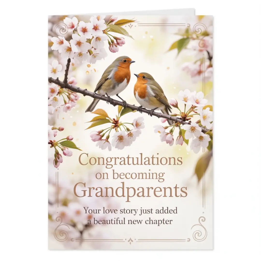 Greeting card with two robins perched on a blooming cherry blossom branch. Text reads, "Congratulations on becoming Grandparents. Your love story just added a beautiful new chapter."